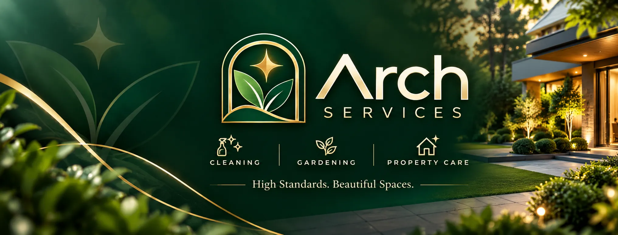 Arch Services brand banner: cleaning, gardening and property care