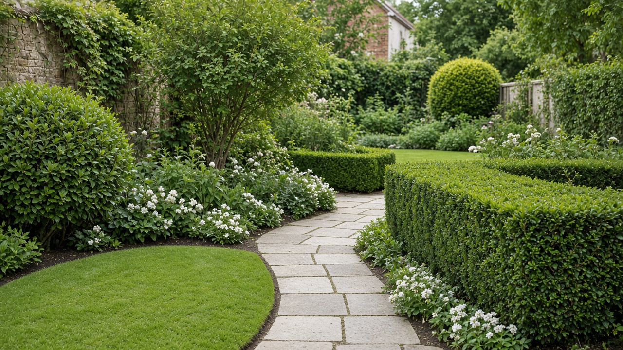 A tidy town garden with a clipped hedge and stone path
