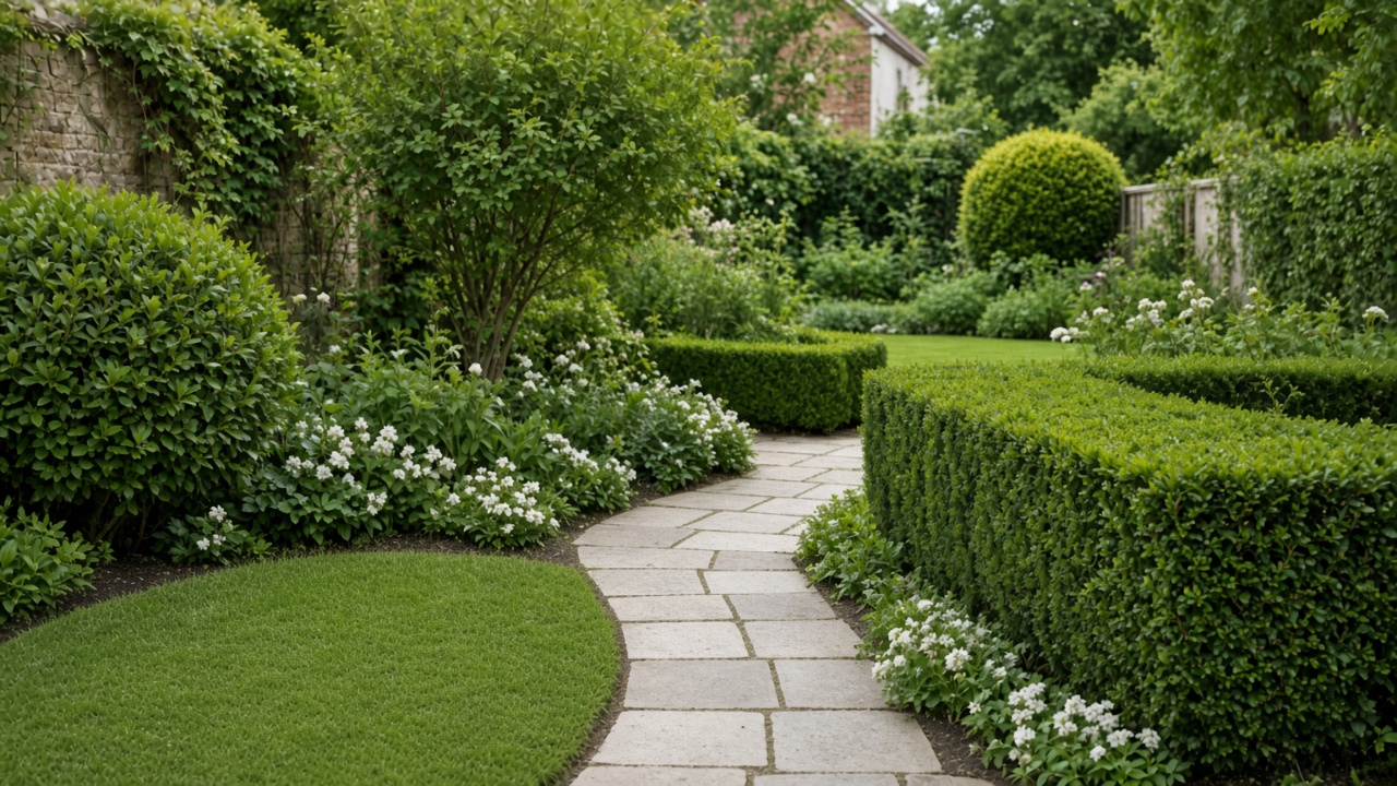 A town garden before a tidy, with a longer lawn and shaggy hedge