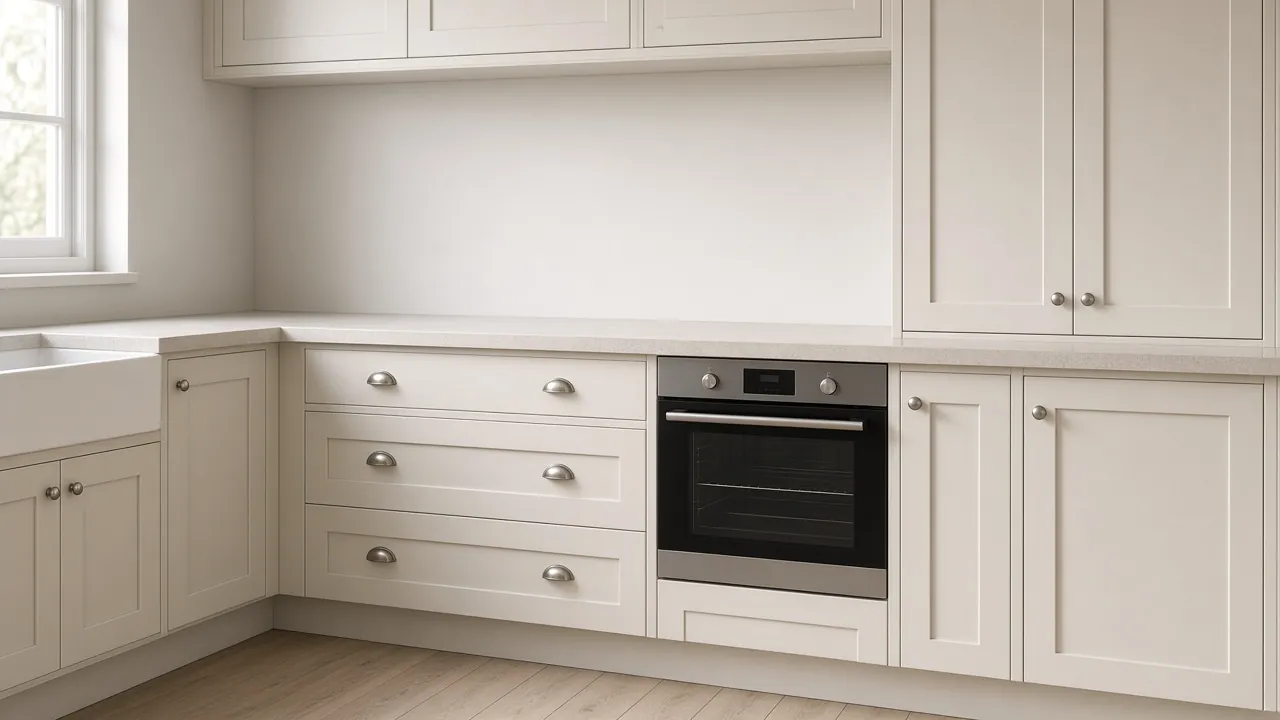 A clean shaker-style kitchen with fitted cupboards and an oven